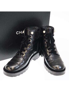 Chanel 21 a Cocomer Cles Lace-Up Boots with Pearls Black 38